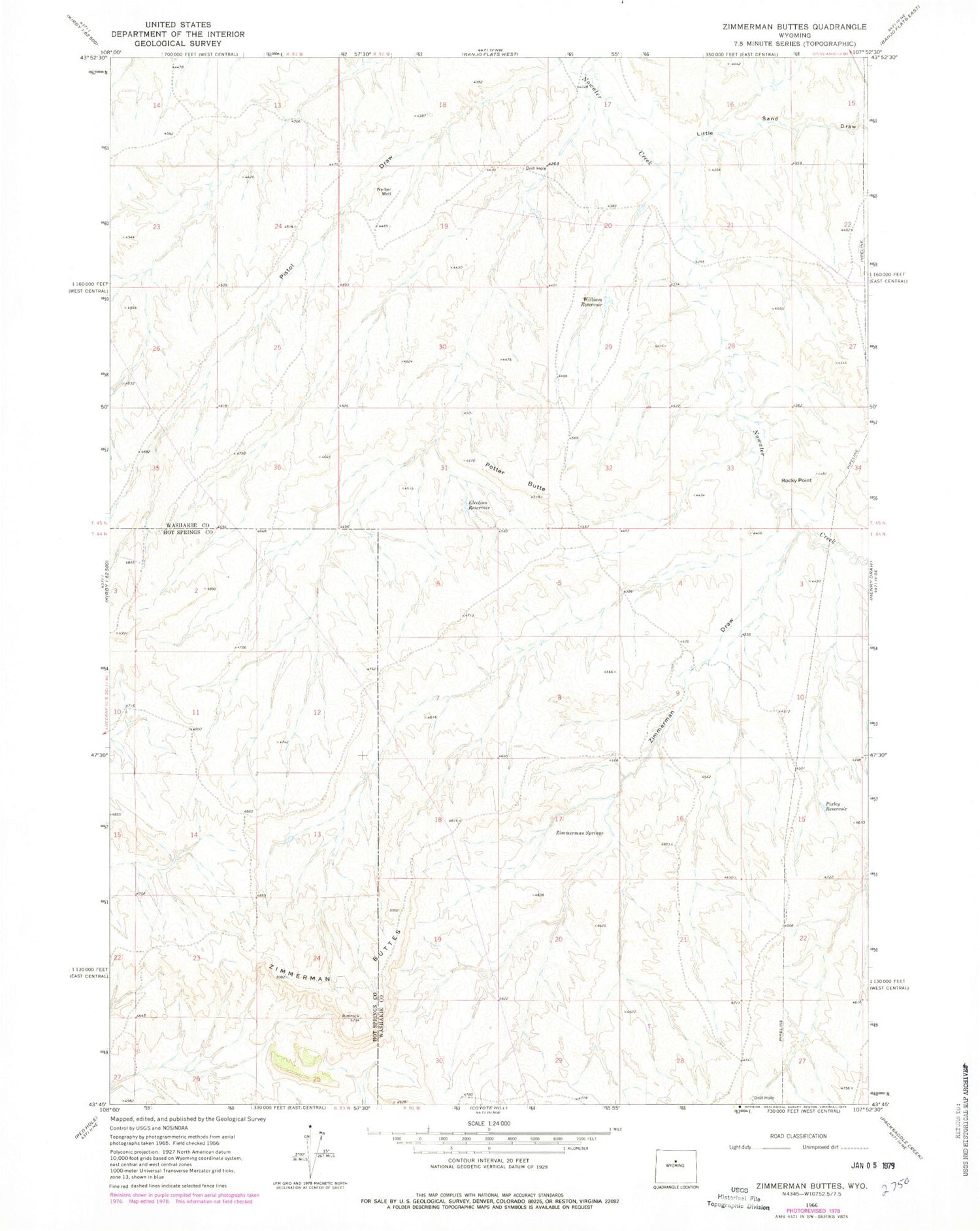 Classic USGS Zimmerman Buttes Wyoming 7.5'x7.5' Topo Map Image